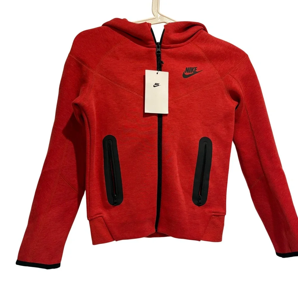 ike Tech Fleece Hoodie Kids Youth XS Red Windrunner Full Zip FD3285-672 - Picture 1 of 4